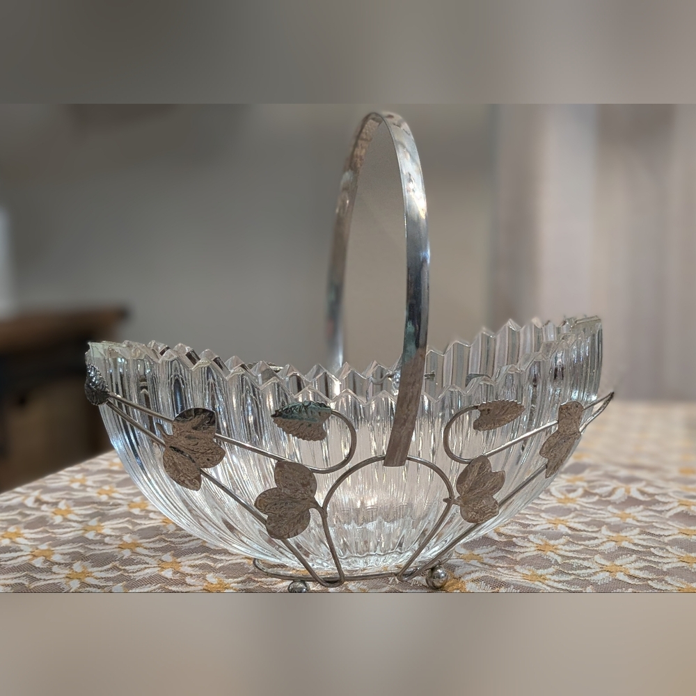 RARE English Silverplated  Leaves Basket w/ HEAVY Hand Cut Glass Bowl 30s/40s